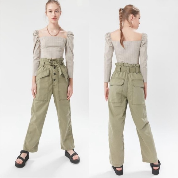Urban Outfitters BDG Umber High Waist Paper Bag Painter Pants Army Olive Green S - Picture 1 of 10